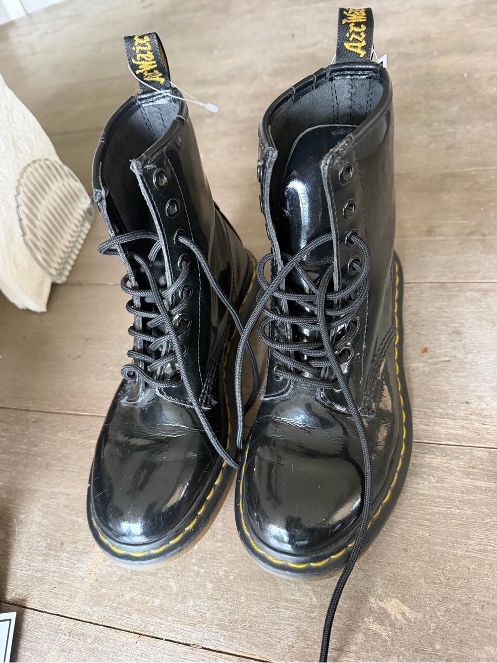 Dr. Martens Black Patent Leather Lace-Up Combat Boots with Yellow Stitching